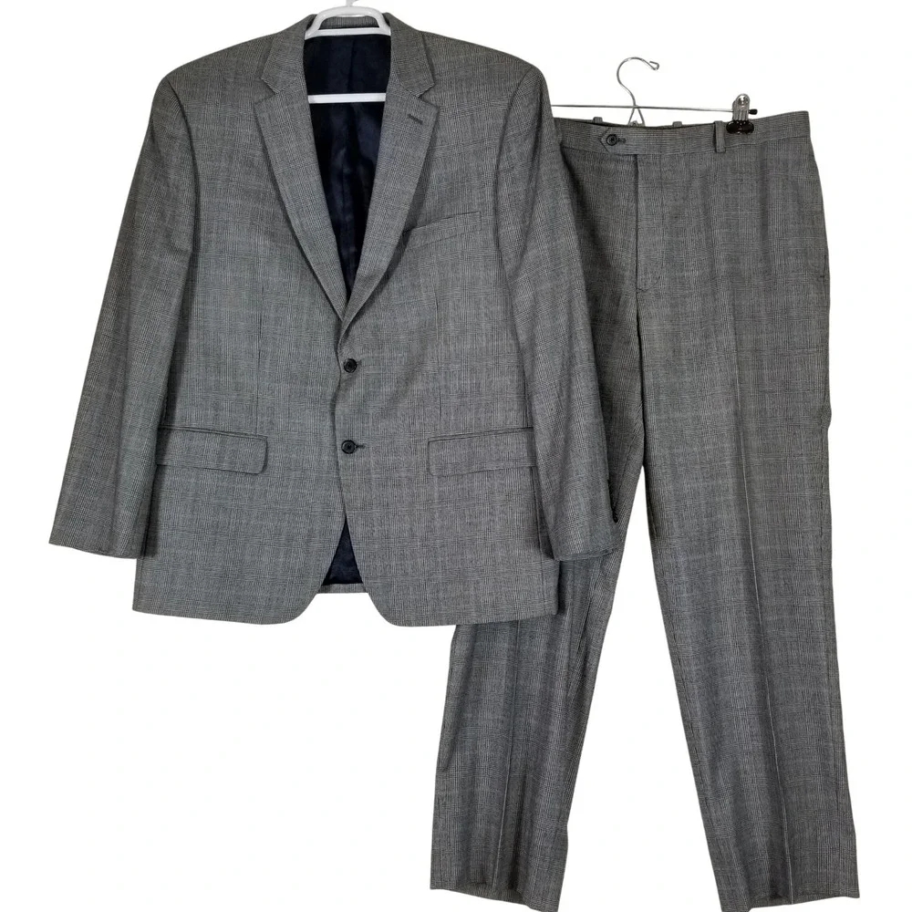 Tasso Elba Glen Plaid Suit Mens 38 R Grey 100% Wool 2-Piece 2BCVFF Regular Fit
